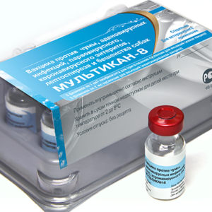 Вакцина против чумы, аденовирусных инфекций, парвовирусного и коронавирусного энтеритов, лептоспироза и бешенства собак (мультикан-8)
